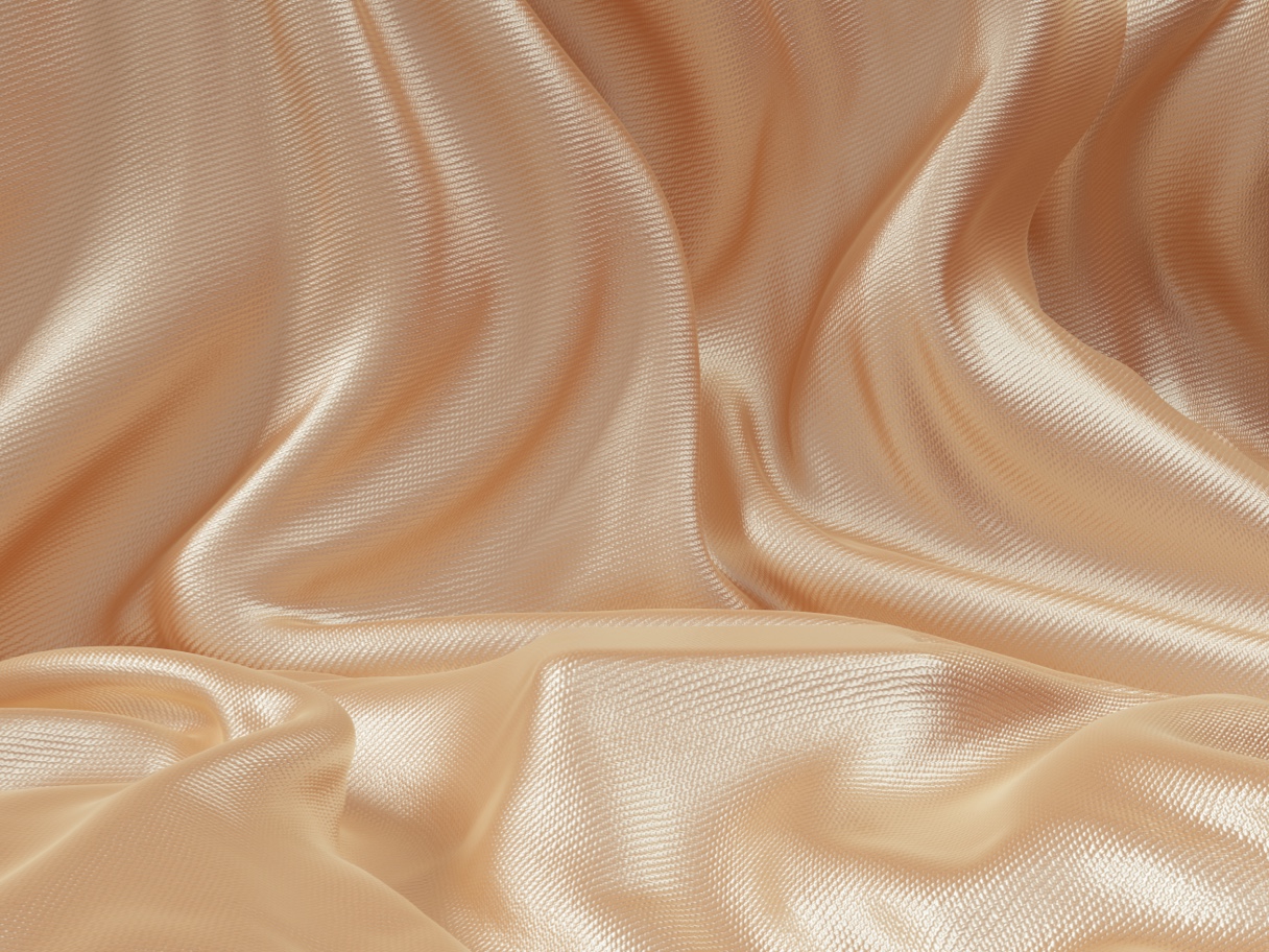 Glanzend, lichtbeige satijnstof met zachte plooien.