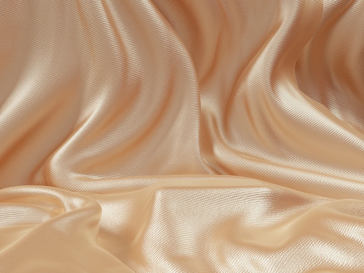 Glänzender, beige Satin-Stoff mit weichen Falten und strukturierter Oberfläche. Glänzender, beige Satin-Stoff mit weichen Falten und strukturierter Oberfläche.