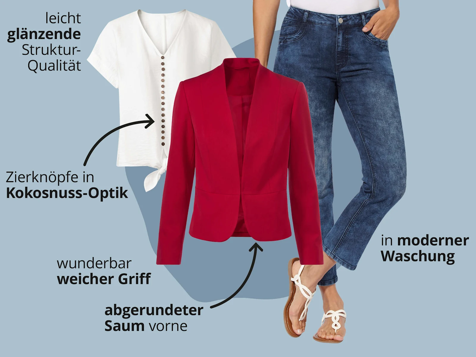 Das Bild zeigt ein weißes Shirt, einen roten Blazer und dunkelblaue Jeans vor hellblauem Hintergrund mit schwarzem Text. Text zum Shirt: 'leicht glänzende Struktur-Qualität' 'Zierknöpfe in Kokosnuss-Optik'. Text zum Blazer: 'wunderbar weicher Griff' 'abgerundeter Saum vorne'. Text zu den Jeans: 'in moderner Waschung'. Das Bild zeigt ein weißes Shirt, einen roten Blazer und dunkelblaue Jeans vor hellblauem Hintergrund mit schwarzem Text. Text zum Shirt: 'leicht glänzende Struktur-Qualität' 'Zierknöpfe in Kokosnuss-Optik'. Text zum Blazer: 'wunderbar weicher Griff' 'abgerundeter Saum vorne'. Text zu den Jeans: 'in moderner Waschung'.