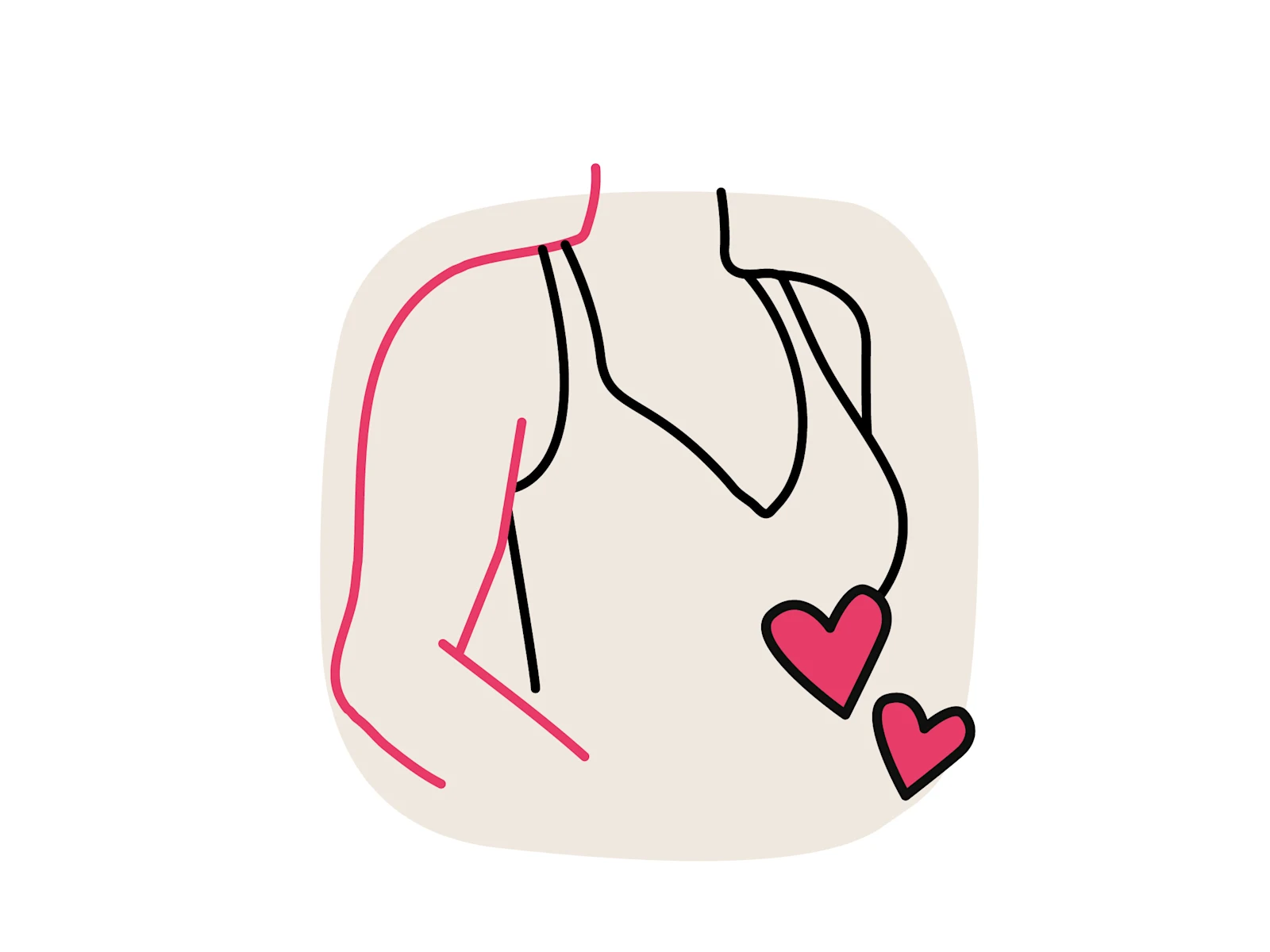 Illustration eines Oberkörpers: Rote Linien markieren die Konturen der Oberarme. Zwei kleine Herzen daneben.