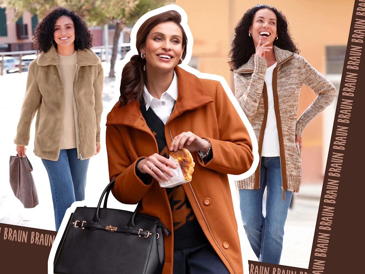 Drei weibliche Models tragen verschiedene braune und blaue Outfits. Ein brauner Rand rahmt das Bild auf zwei Seiten ein, darauf steht wiederholt das Wort 'BRAUN'. Drei weibliche Models tragen verschiedene braune und blaue Outfits. Ein brauner Rand rahmt das Bild auf zwei Seiten ein, darauf steht wiederholt das Wort 'BRAUN'.