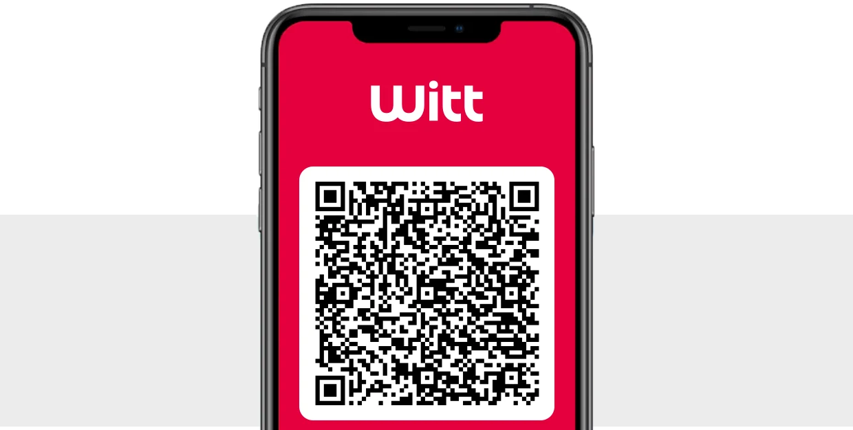 De afbeelding toont een smartphone met het Witt logo en een QR-code op een rood scherm. De achtergrond is grijs en wit. De afbeelding toont een smartphone met het Witt logo en een QR-code op een rood scherm. De achtergrond is grijs en wit.