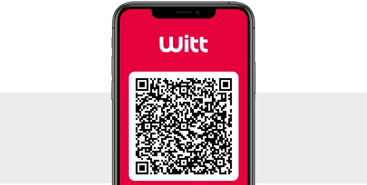 Das Bild zeigt ein Smartphone mit dem Witt Logo und einem QR-Code auf einem roten Bildschirm. Der Hintergrund ist grau und weiss. Das Bild zeigt ein Smartphone mit dem Witt Logo und einem QR-Code auf einem roten Bildschirm. Der Hintergrund ist grau und weiss.