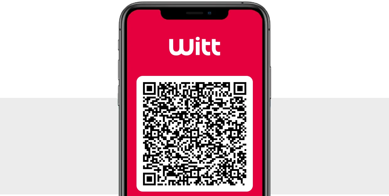Das Bild zeigt ein Smartphone mit dem Witt Logo und einem QR-Code auf einem roten Bildschirm. Der Hintergrund ist grau und weiß. Das Bild zeigt ein Smartphone mit dem Witt Logo und einem QR-Code auf einem roten Bildschirm. Der Hintergrund ist grau und weiß.