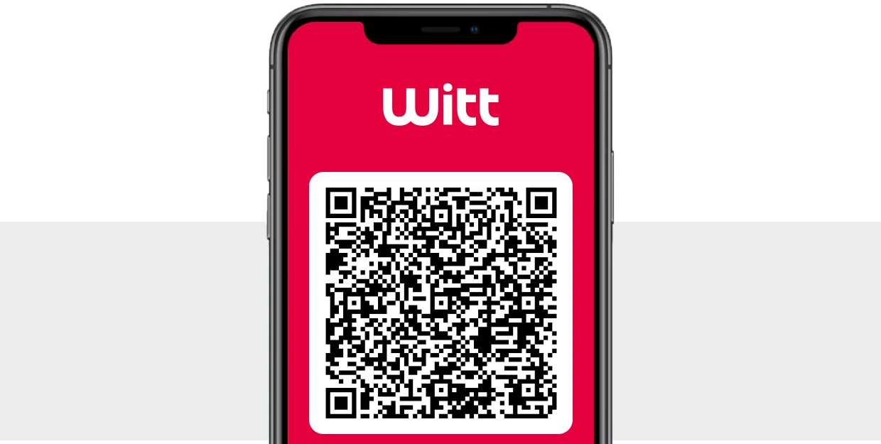 Das Bild zeigt ein Smartphone mit dem Witt Logo und einem QR-Code auf einem roten Bildschirm. Der Hintergrund ist grau und weiß. Das Bild zeigt ein Smartphone mit dem Witt Logo und einem QR-Code auf einem roten Bildschirm. Der Hintergrund ist grau und weiß.