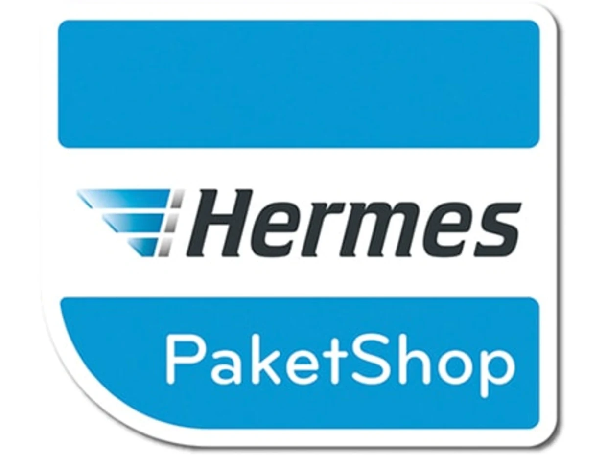 Logo des Hermes PaketShops mit blau-weißem Design und Schriftzug "Hermes PaketShop". Logo des Hermes PaketShops mit blau-weißem Design und Schriftzug "Hermes PaketShop".