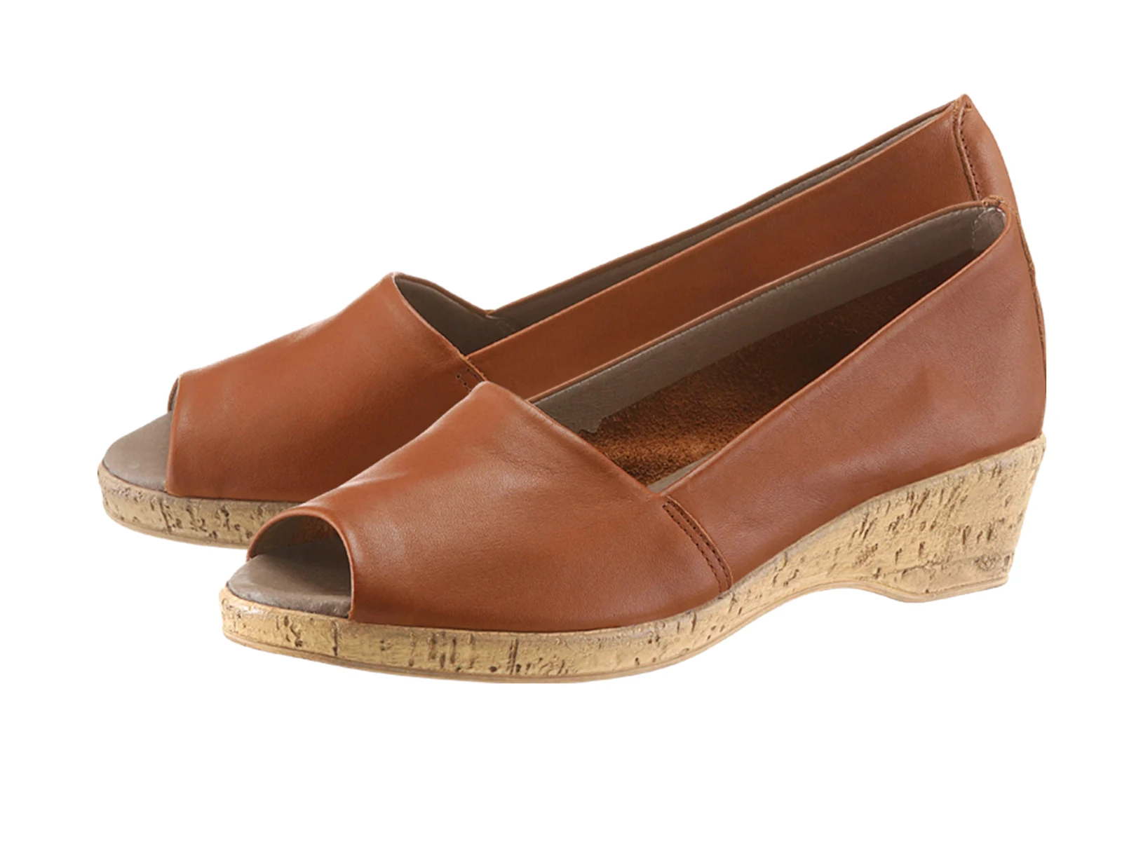 Braune Damen-Peeptoe-Schuhe mit Keilabsatz aus Korkmaterial. Braune Damen-Peeptoe-Schuhe mit Keilabsatz aus Korkmaterial.