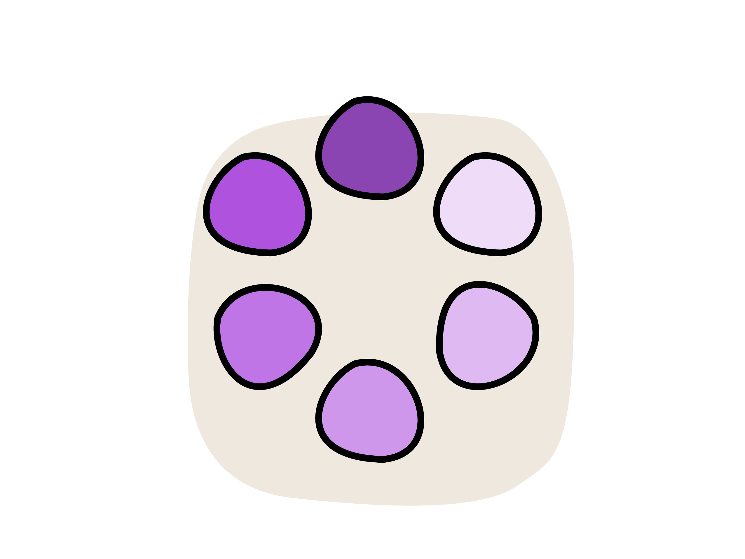 Illustration eines Farbkreises mit sechs organisch geformten Segmenten in lila und violetten Abstufungen.