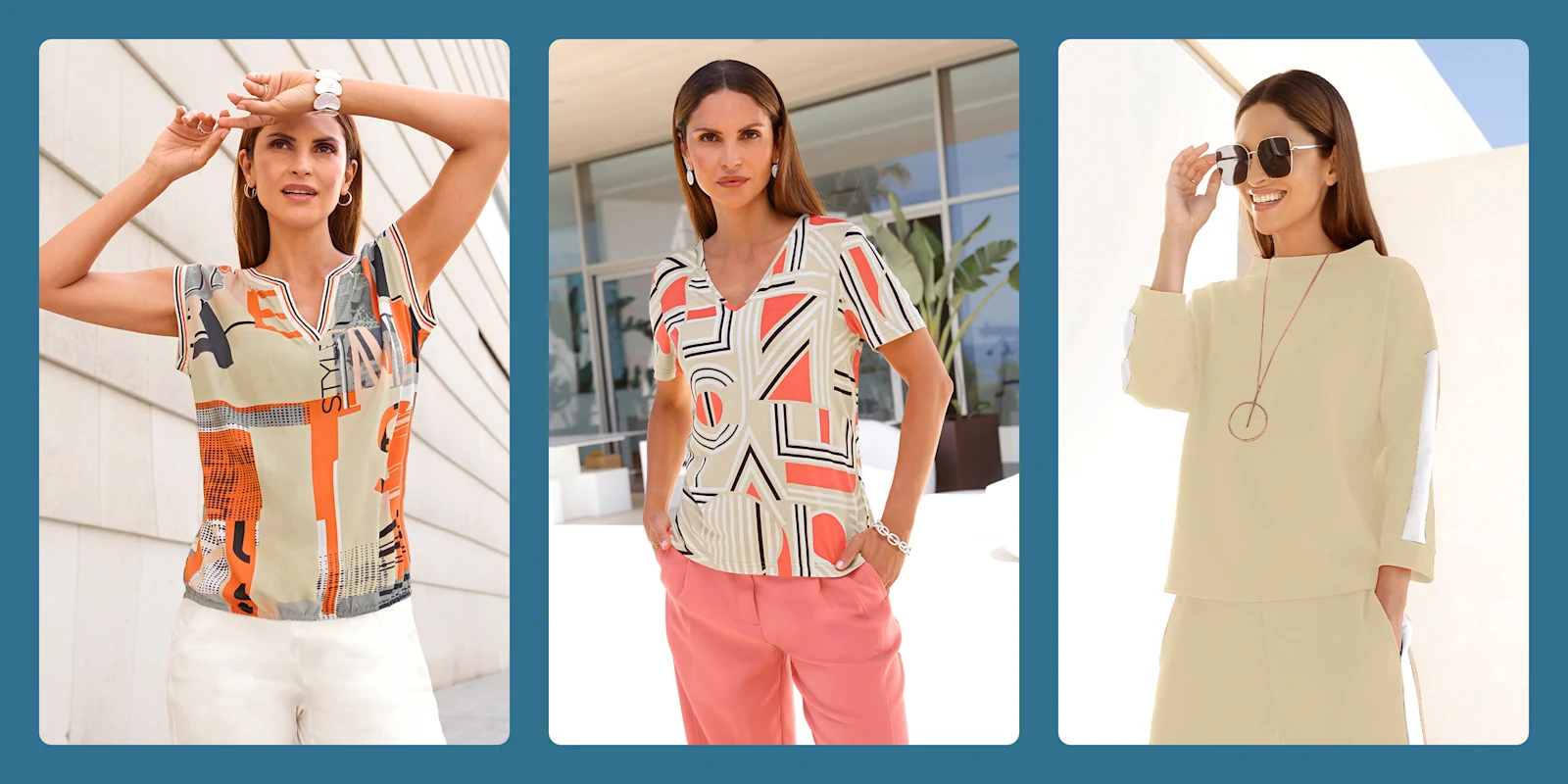 Ein dreigeteiltes Bild mit blauem Rahmen: Links trägt ein Model ein bunt gemustertes T-Shirt mit weißen Hosen, mittig ein geometrisch gemustertes T-Shirt mit korallfarbener Hose, rechts einen hellbeigen Pullover mit langen Ärmeln und passender Hose.