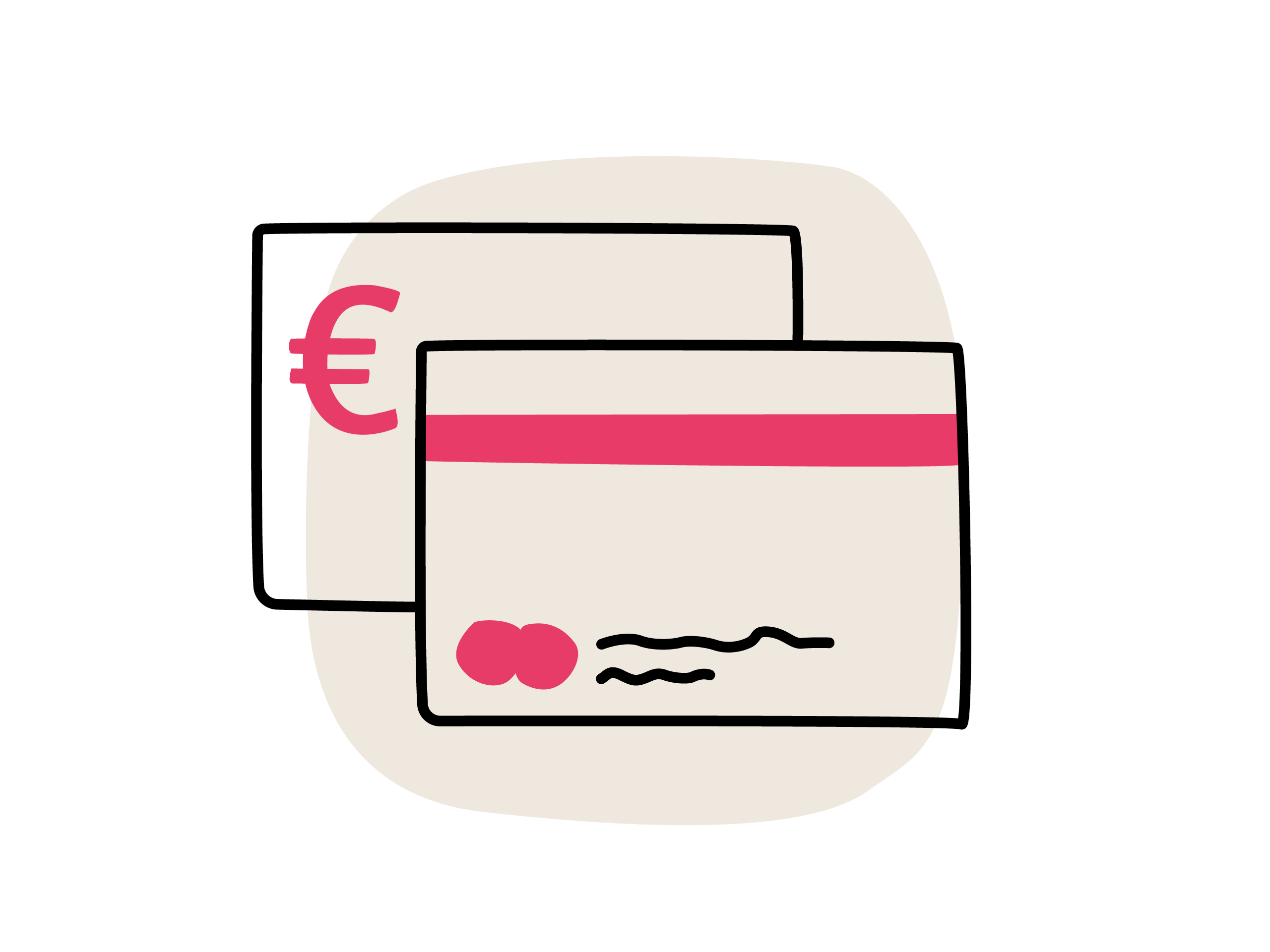 Illustration zweier übereinanderliegender Karten mit Euro-Zeichen und Magnetstreifen, die für Zahlungsarten stehen.