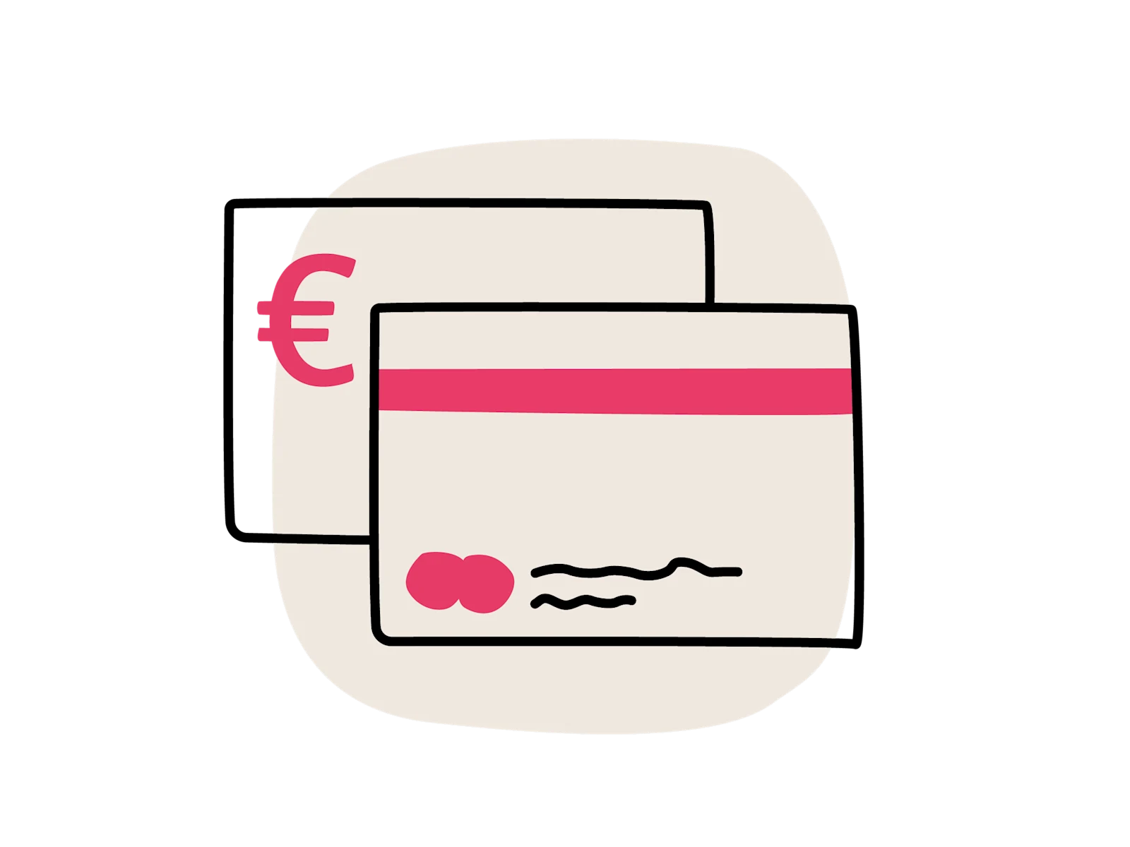 Illustration zweier übereinanderliegender Karten mit Euro-Zeichen und Magnetstreifen, die für Zahlungsarten stehen.