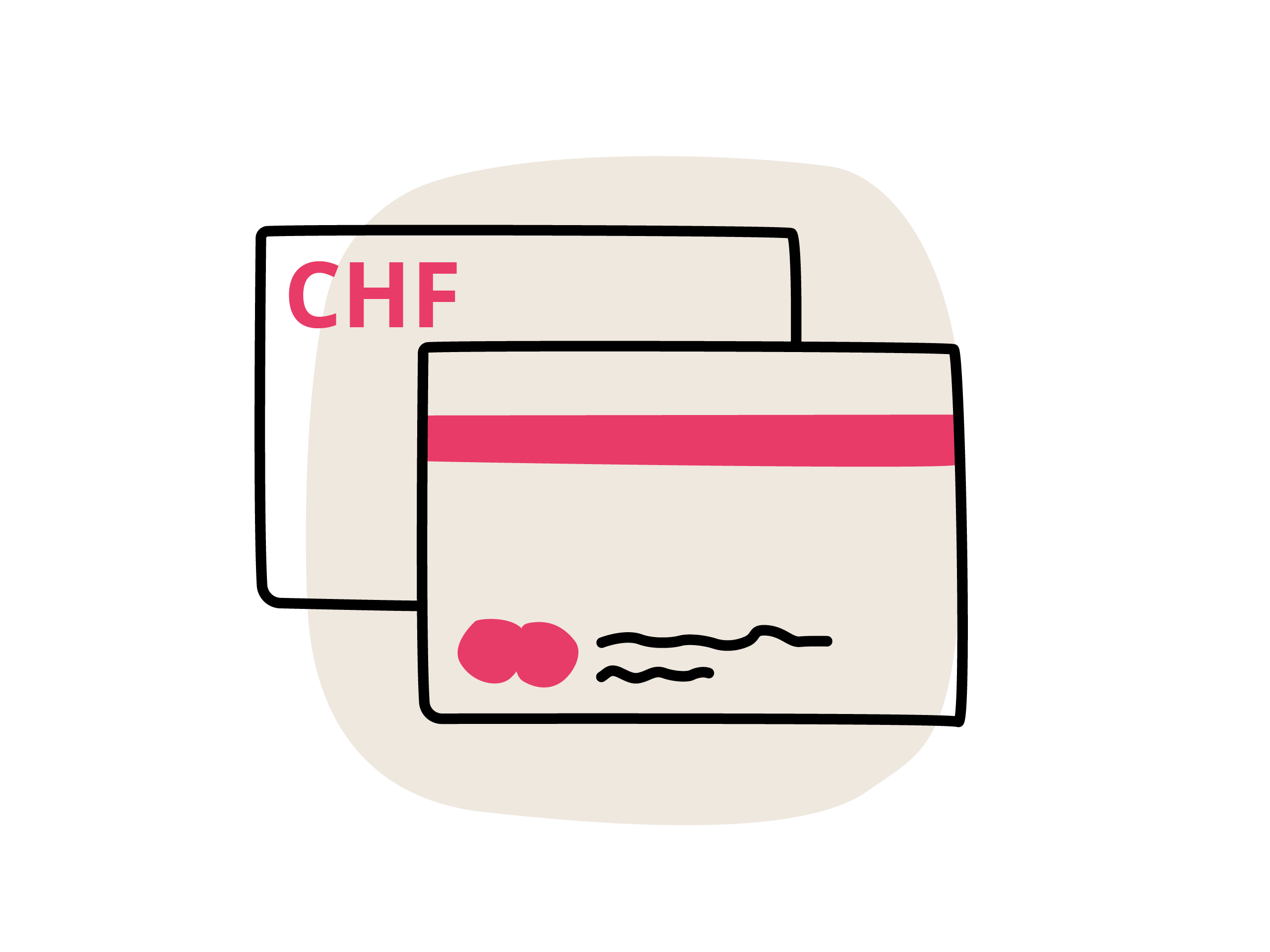 Illustration zweier übereinanderliegender Karten mit CHF-Zeichen und Magnetstreifen, die für Zahlungsarten stehen.