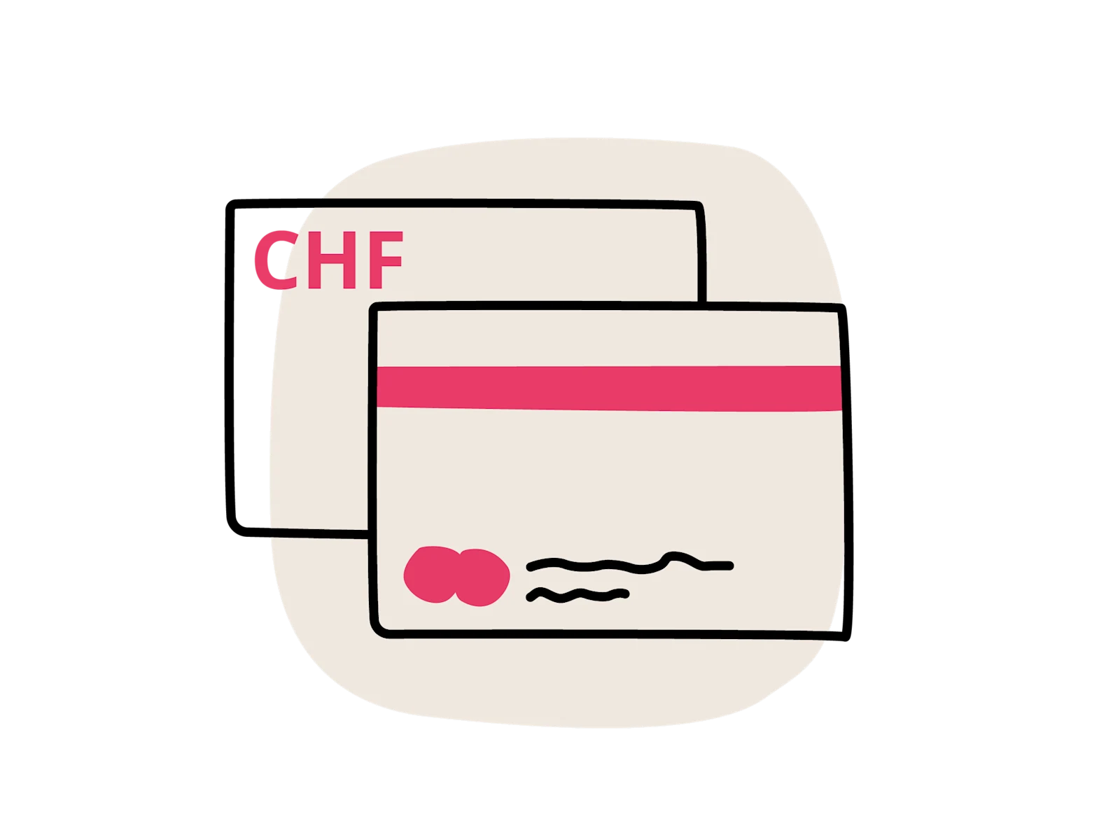 Illustration zweier übereinanderliegender Karten mit CHF-Zeichen und Magnetstreifen, die für Zahlungsarten stehen.