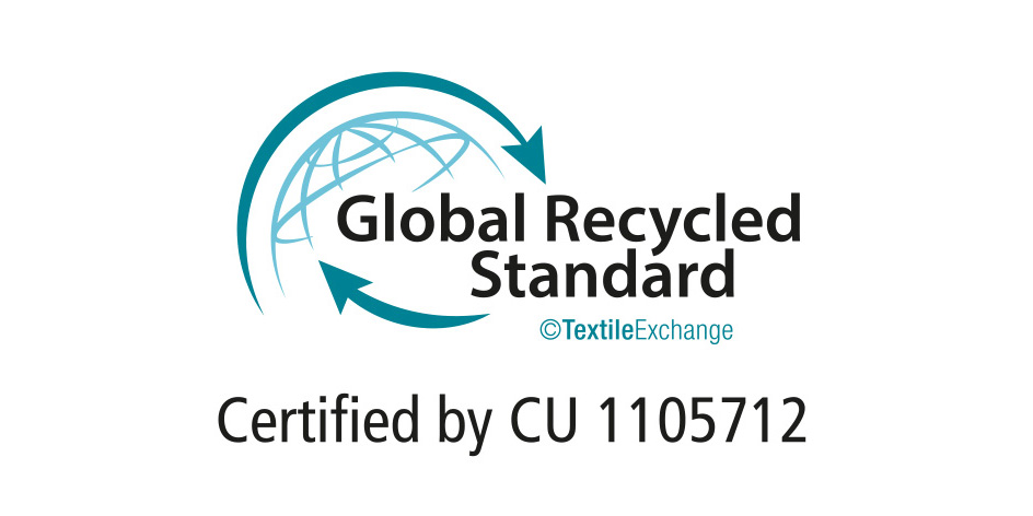 Das Symbol zeigt das Global Recycled Standard Logo mit Zertifizierung durch CU 1105712.