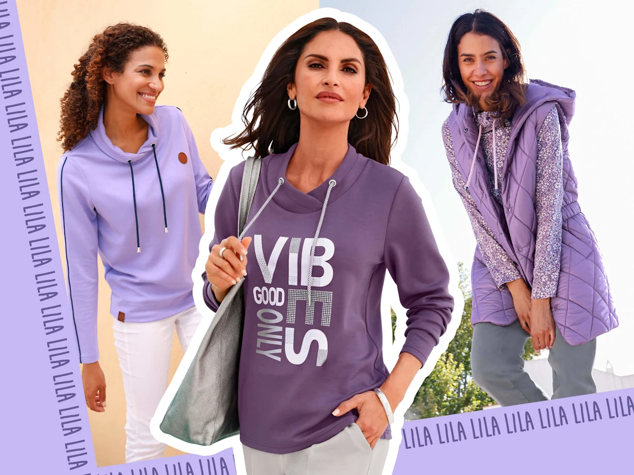 Collage mit drei Models: Das Model auf der linken Seite trägt ein lavendelfarbenes Rollkragenshirt mit Kontrast-Paspeln, das Model in der Mitte trägt ein feigefarbenes Shirt und das Model auf der rechten Seite trägt ein feige-mauve-bedrucktes Shirt mit Tunnelzug unter einer feigefarbenen Weste. Collage mit drei Models: Das Model auf der linken Seite trägt ein lavendelfarbenes Rollkragenshirt mit Kontrast-Paspeln, das Model in der Mitte trägt ein feigefarbenes Shirt und das Model auf der rechten Seite trägt ein feige-mauve-bedrucktes Shirt mit Tunnelzug unter einer feigefarbenen Weste.