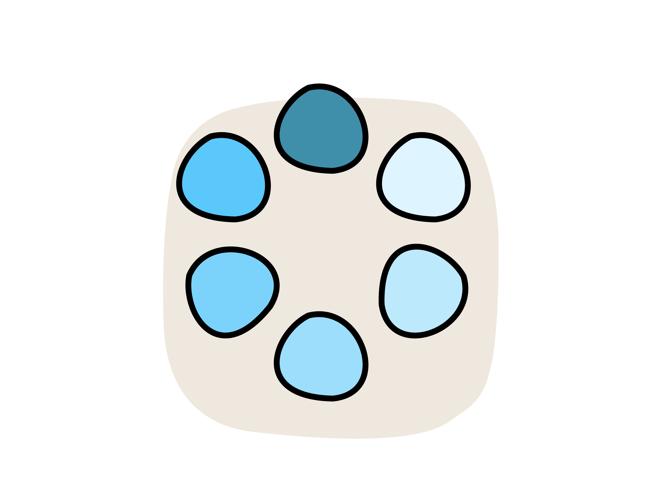 Illustration eines Farbkreises mit sechs organisch geformten Segmenten in türkisfarbenen Abstufungen.