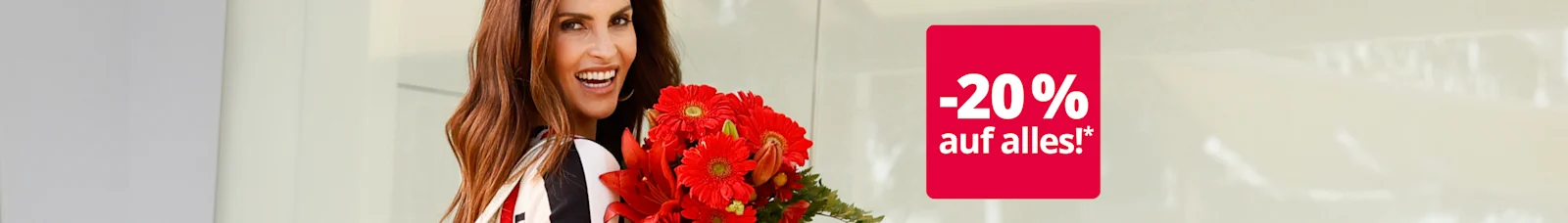 Werbebanner mit lächelnder Frau mit Blumenstrauss und rotem Störer mit Text: 20% auf alles!*