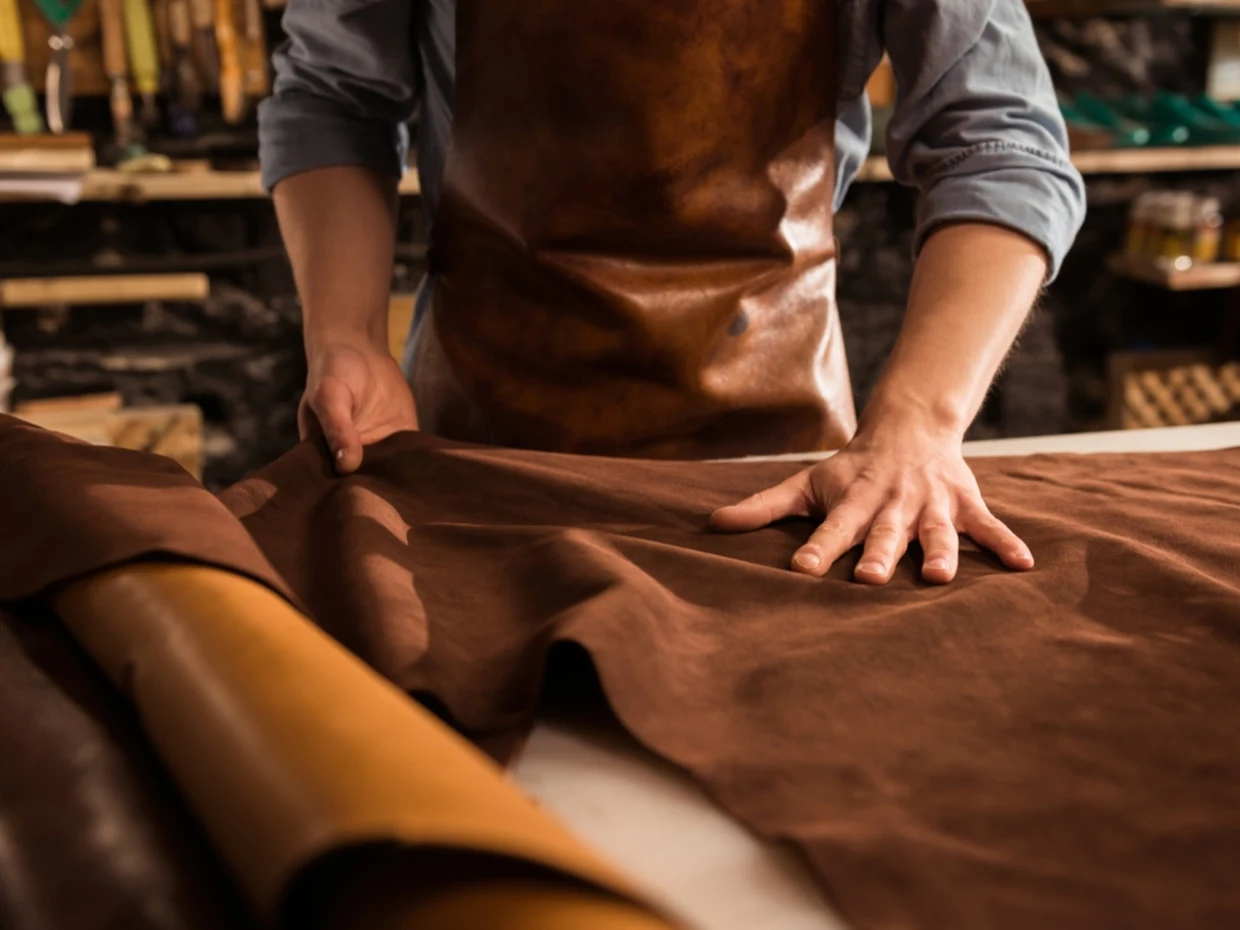 Handwerker in Lederschürze bearbeitet braunes Leder auf einer Werkbank. Handwerker in Lederschürze bearbeitet braunes Leder auf einer Werkbank.