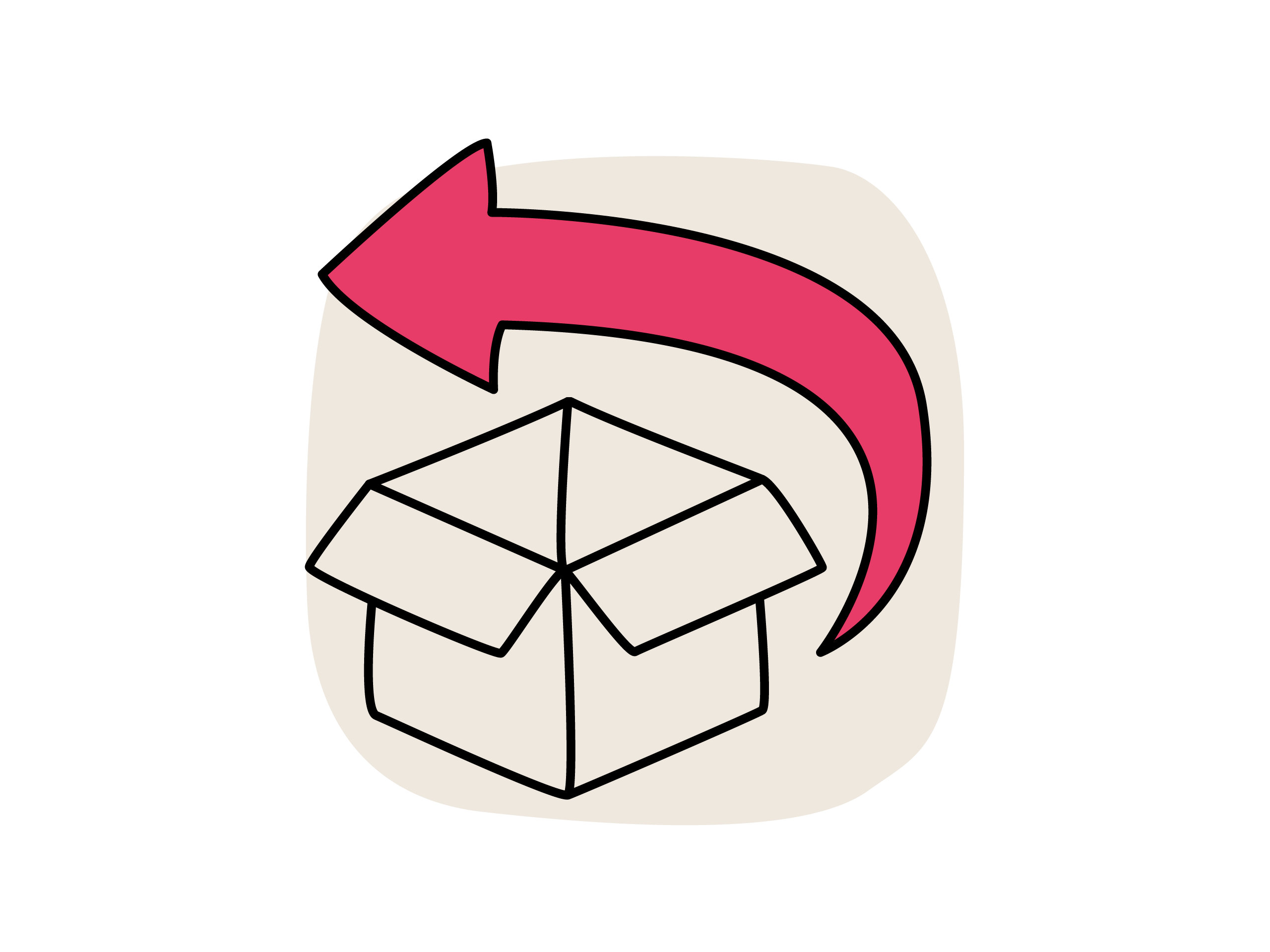 Illustration eines geöffneten Kartons mit einem rosa Rückwärtspfeil, der eine Rücksendung symbolisiert.