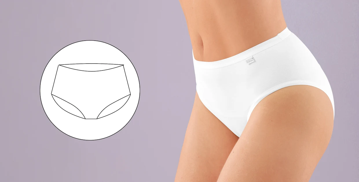 Damen-Slip in Weiß, hüfthoher Schnitt, dargestellt an einer Person sowie als technische Zeichnung auf hellem Hintergrund.