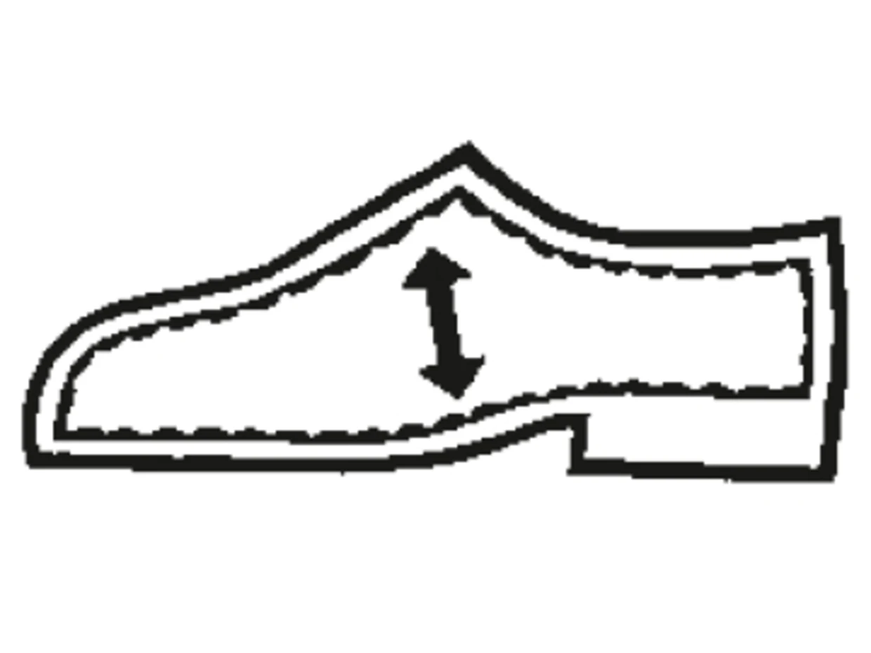 Schema einer Schuhform mit Pfeil zur Höhenangabe im Spannbereich. Schema einer Schuhform mit Pfeil zur Höhenangabe im Spannbereich.
