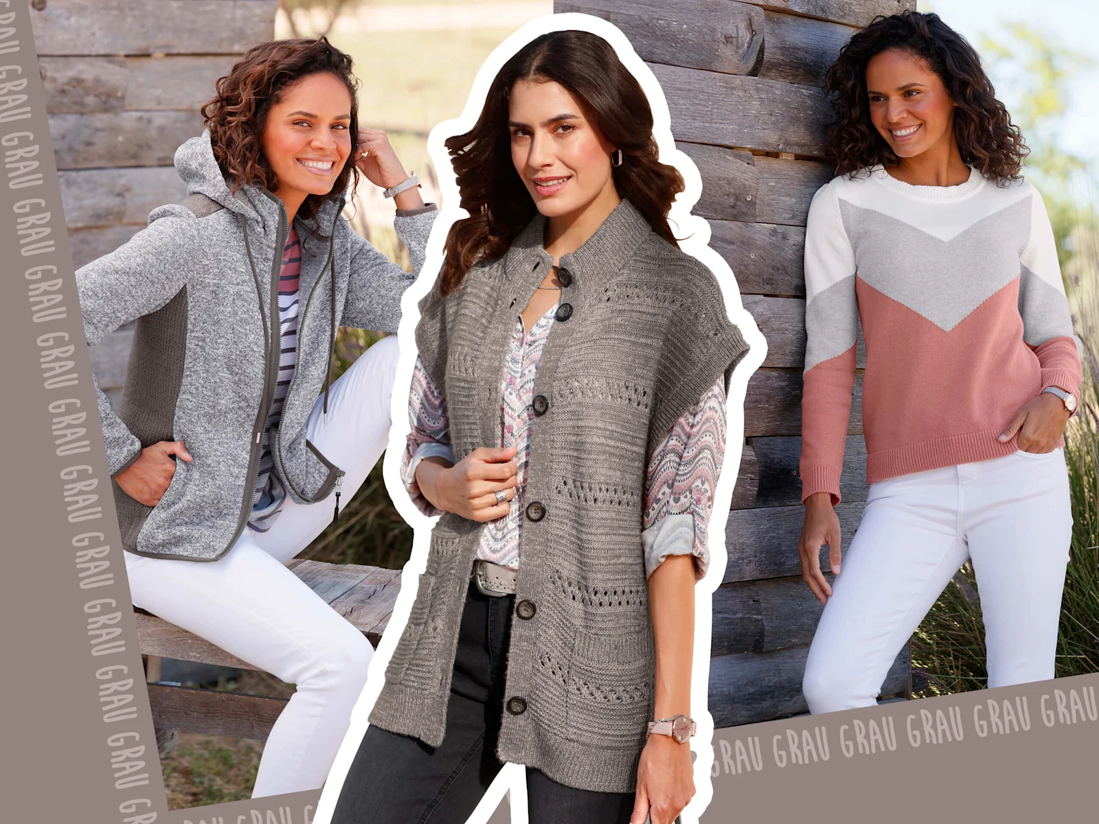 Collage mit drei Models: Das Model auf der linken Seite trägt eine anthrazit-melierte Strickfleecejacke, das Model in der Mitte trägt eine grau-melierte Strickweste und das Model auf der rechten Seite trägt einen rosenholz-hellgrau-melierten Rundhalspullover. Collage mit drei Models: Das Model auf der linken Seite trägt eine anthrazit-melierte Strickfleecejacke, das Model in der Mitte trägt eine grau-melierte Strickweste und das Model auf der rechten Seite trägt einen rosenholz-hellgrau-melierten Rundhalspullover.
