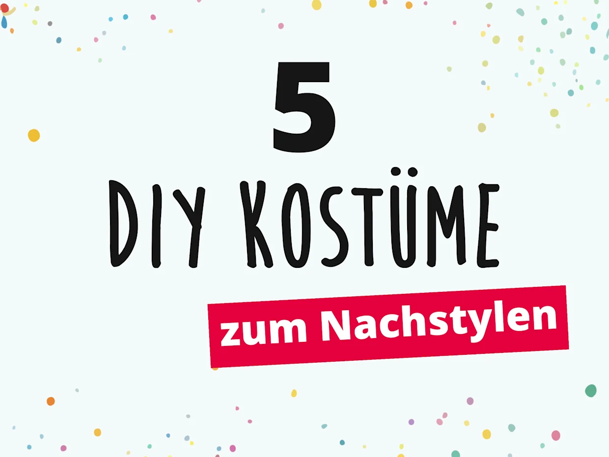 Der Text "5 DIY Kostüme zum Nachstylen" auf einem weißen Hintergrund mit bunten Punkten.