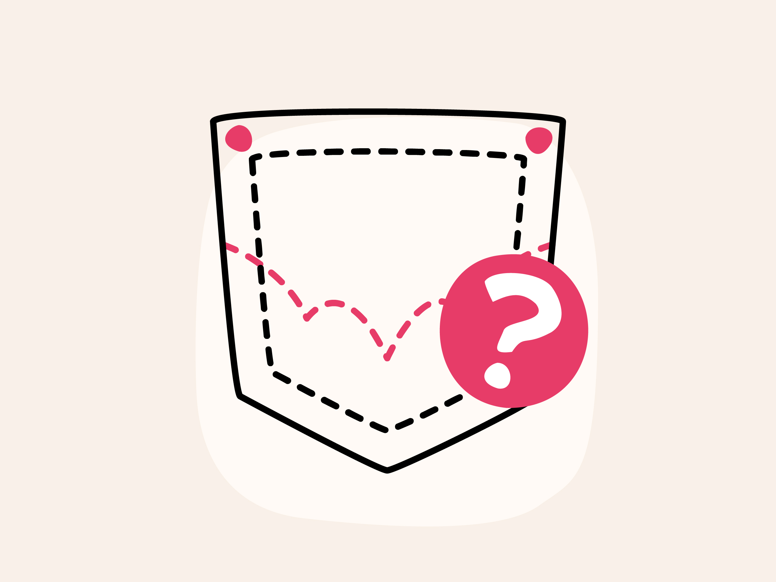Illustration einer Jeans-Gesäßtasche mit pinker Ziernaht und einem Fragezeichen-Icon.