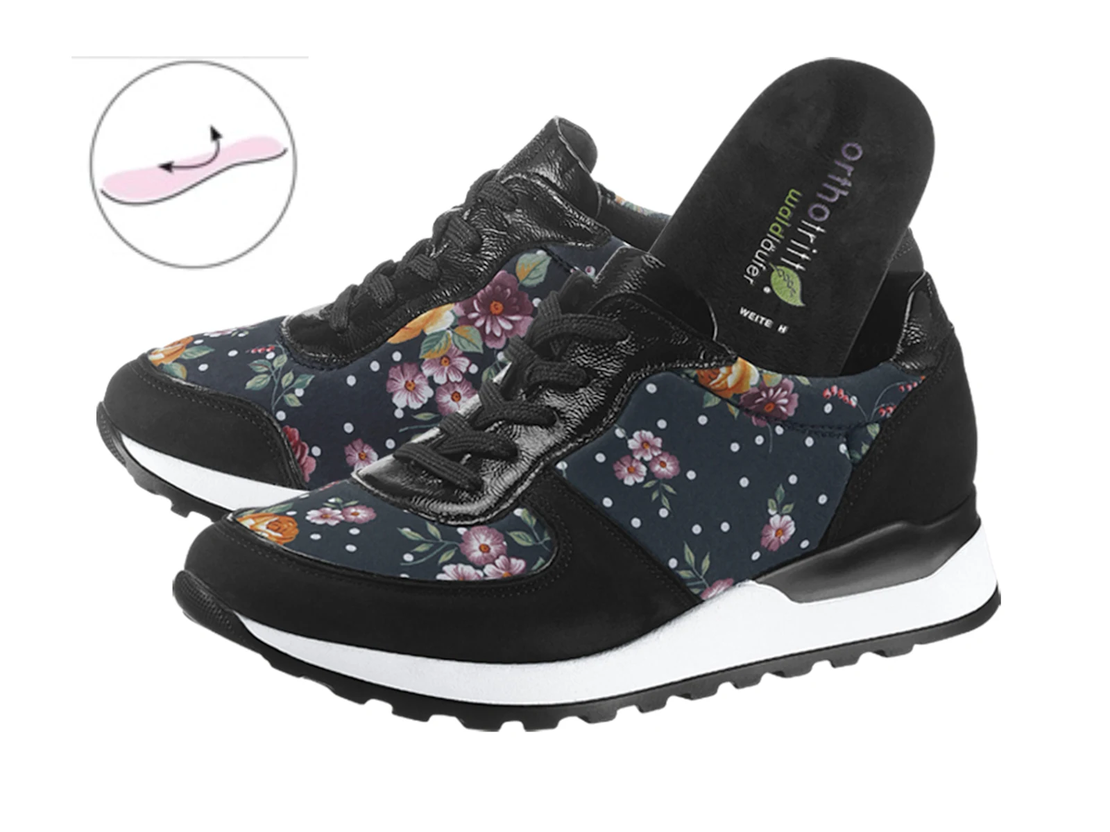 Blumenmuster Sneaker in Schwarz mit herausnehmbarer orthopädischer Einlegesohle, ideal für Komfort und Stil. Blumenmuster Sneaker in Schwarz mit herausnehmbarer orthopädischer Einlegesohle, ideal für Komfort und Stil.