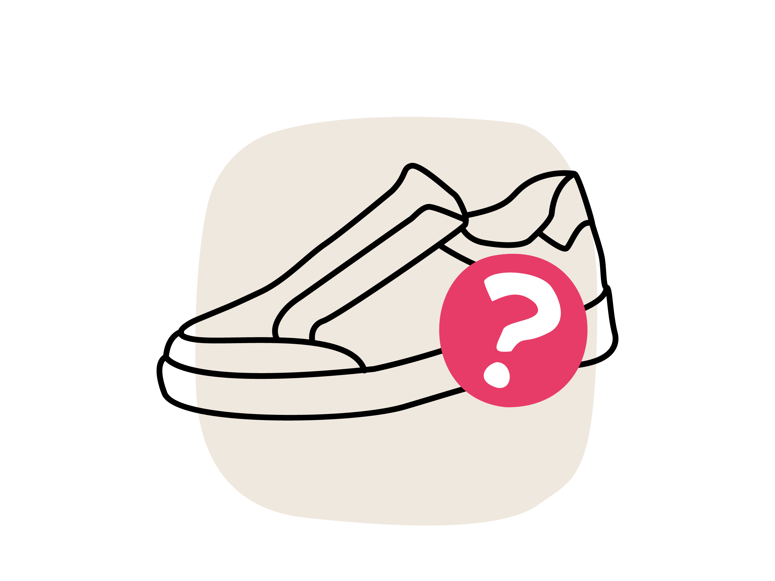 Eine Illustration, die einen stilisierten Schuh in Schwarz auf einem hellen Hintergrund zeigt. Neben dem Schuh befindet sich ein roter Kreis mit einem Fragezeichen in Weiß.