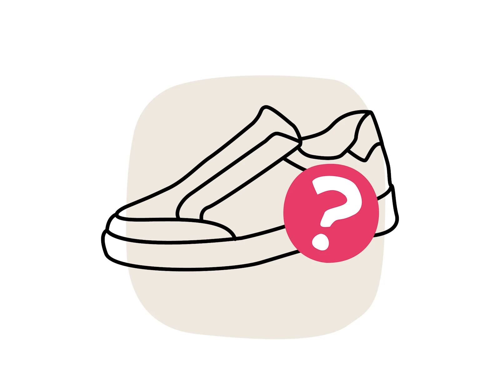 Eine Illustration, die einen stilisierten Schuh in Schwarz auf einem hellen Hintergrund zeigt. Neben dem Schuh befindet sich ein roter Kreis mit einem Fragezeichen in Weiß.