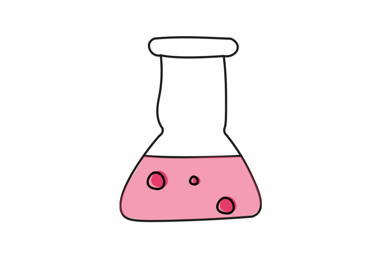 Illustration eines Erlenmeyerkolbens mit rosa Flüssigkeit und Blasen. Illustration eines Erlenmeyerkolbens mit rosa Flüssigkeit und Blasen.