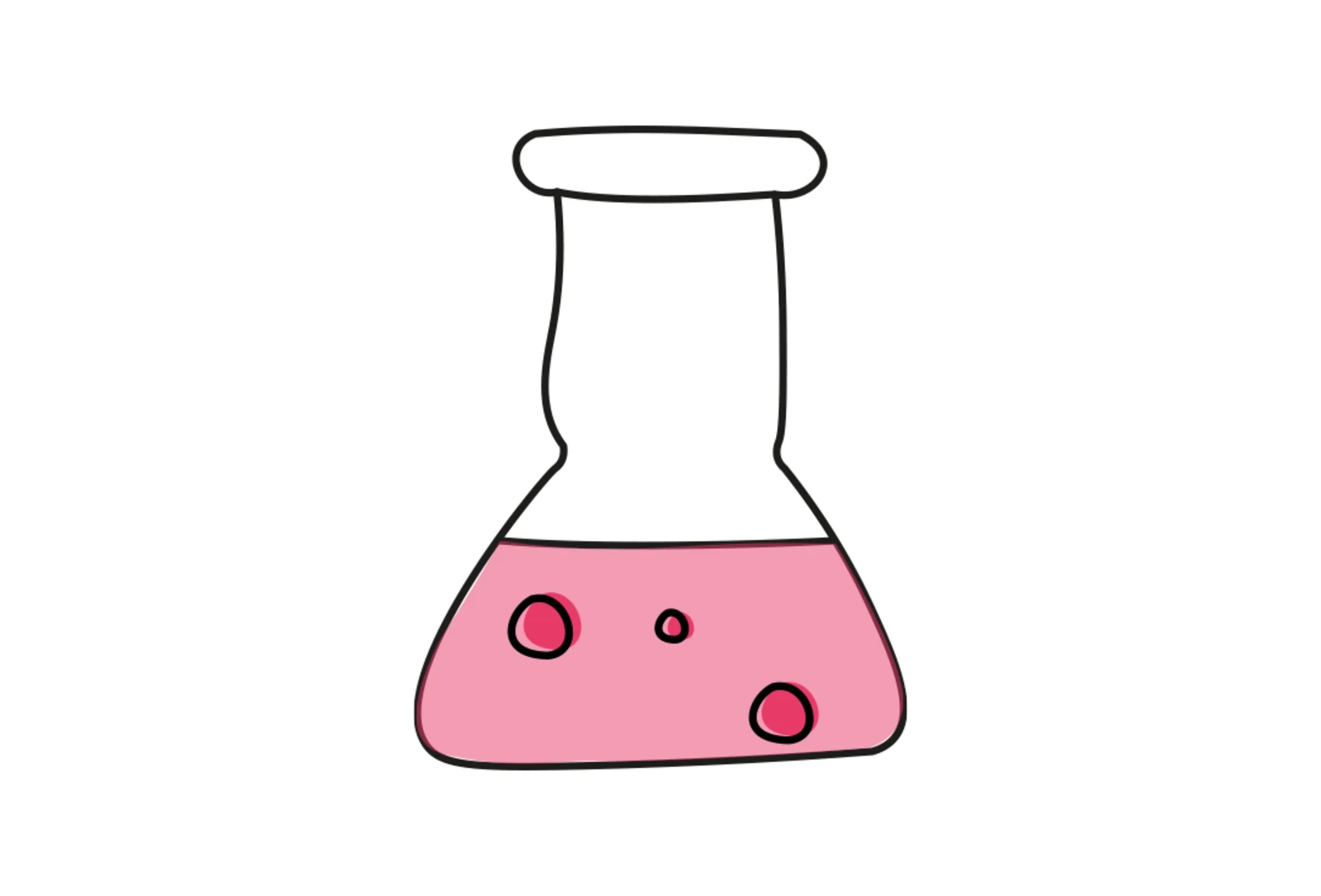Illustration eines Erlenmeyerkolbens mit rosa Flüssigkeit und Blasen. Illustration eines Erlenmeyerkolbens mit rosa Flüssigkeit und Blasen.