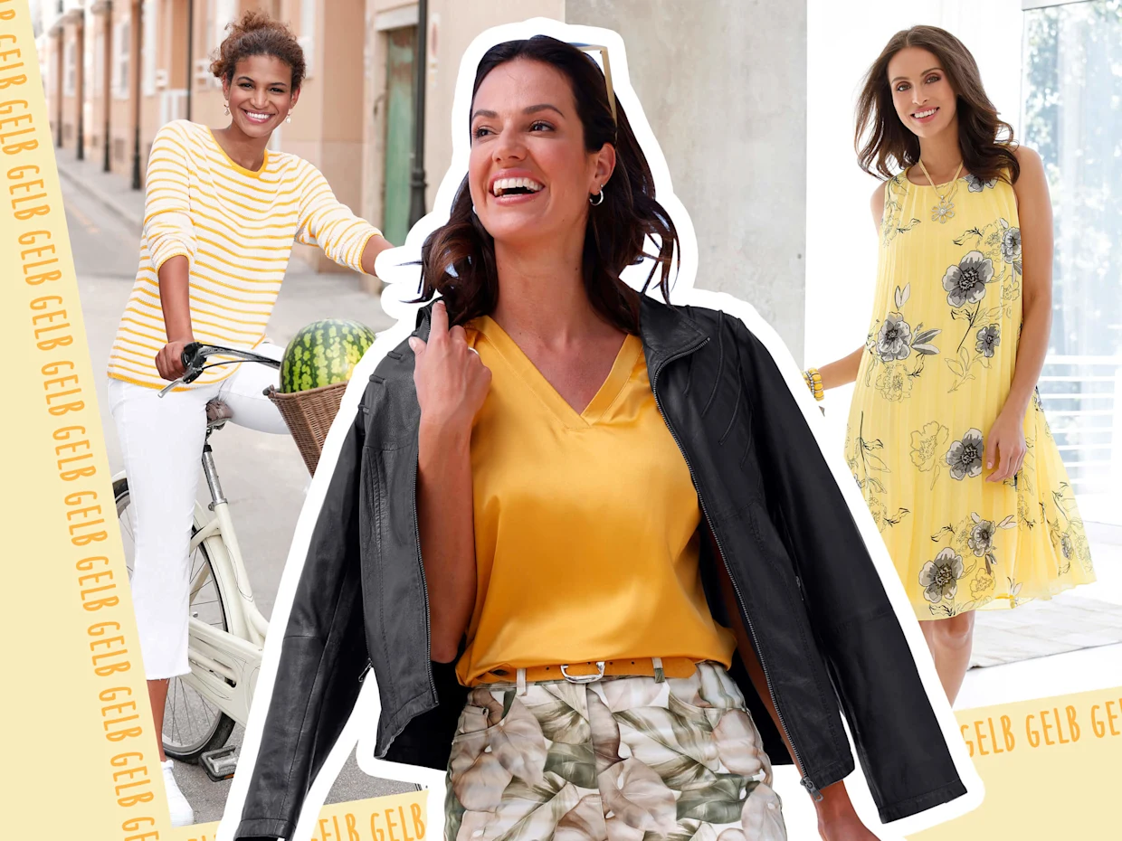 Collage mit drei Models: Das Model auf der linken Seite trägt einen sonnengelb-weißen Langarm-Pullover mit Ringelmuster, das Model in der Mitte trägt ein ockerfarbenes Satin-Blusentop und das Model auf der rechten Seite trägt zitrone-grau-bedrucktes Plisseekleid.
Collage mit drei Models: Das Model auf der linken Seite trägt einen sonnengelb-weißen Langarm-Pullover mit Ringelmuster, das Model in der Mitte trägt ein ockerfarbenes Satin-Blusentop und das Model auf der rechten Seite trägt zitrone-grau-bedrucktes Plisseekleid.