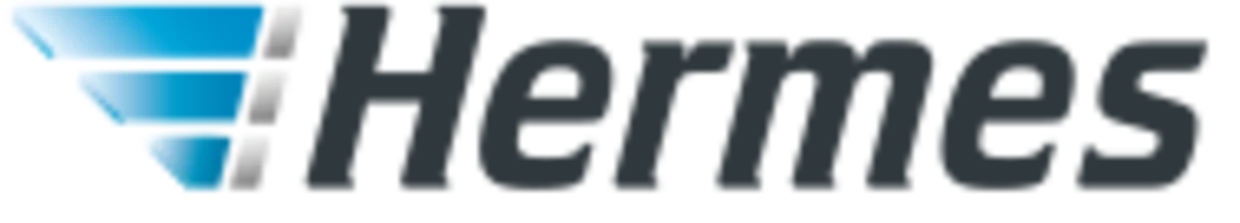 Logo von Hermes mit blau-weißem stilisiertem Dreieck links und schwarzer Schrift rechts. Logo von Hermes mit blau-weißem stilisiertem Dreieck links und schwarzer Schrift rechts.
