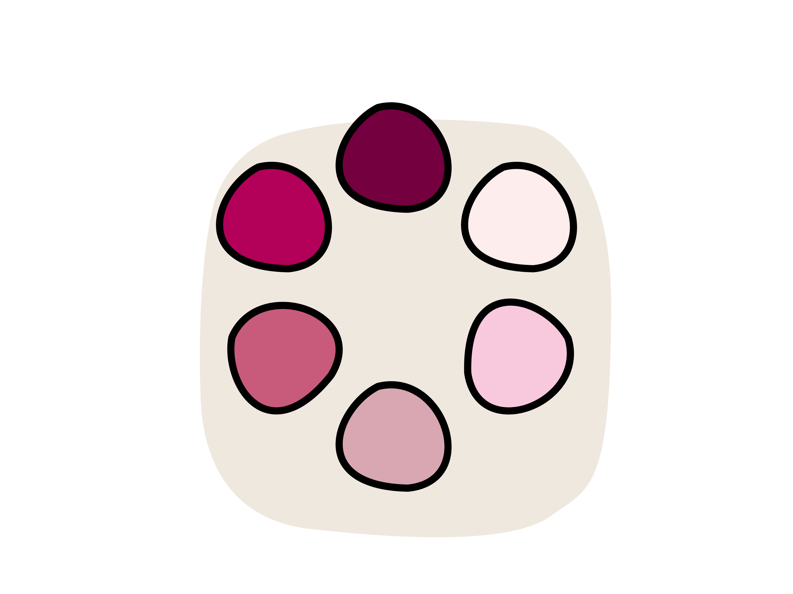 Illustration eines Farbkreises mit sechs organisch geformten Segmenten in rosa und pinken Abstufungen.