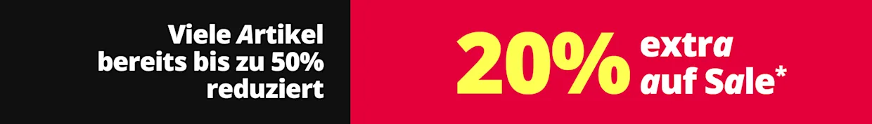 Eine Werbeanzeige mit dem Text 'Viele Artikel jetzt bis zu 50 % reduziert 20 % extra auf Sale*'. Der Hintergrund ist zweigeteilt: links schwarz mit weißer Schrift, rechts kräftig rot mit gelber und weißer Schrift.