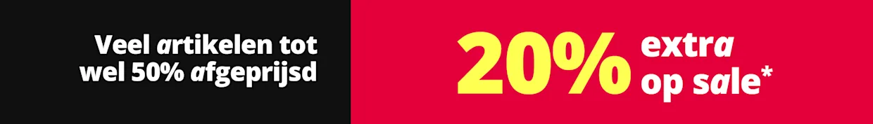 Een advertentie met de tekst 'Veel artikelen tot wel 50 % afgeprijsd 20 % extra op sale*'. De achtergrond is in tweeën gedeeld: links zwart met witte tekst, rechts felrood met gele en witte tekst.