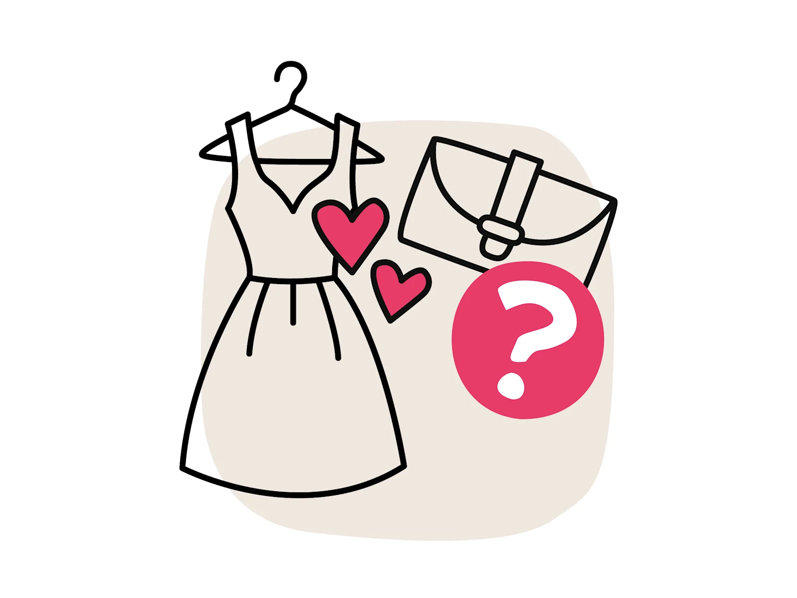 Hochzeitsgast-Beratung: Kleid, Tasche, Herzen & Fragezeichen.