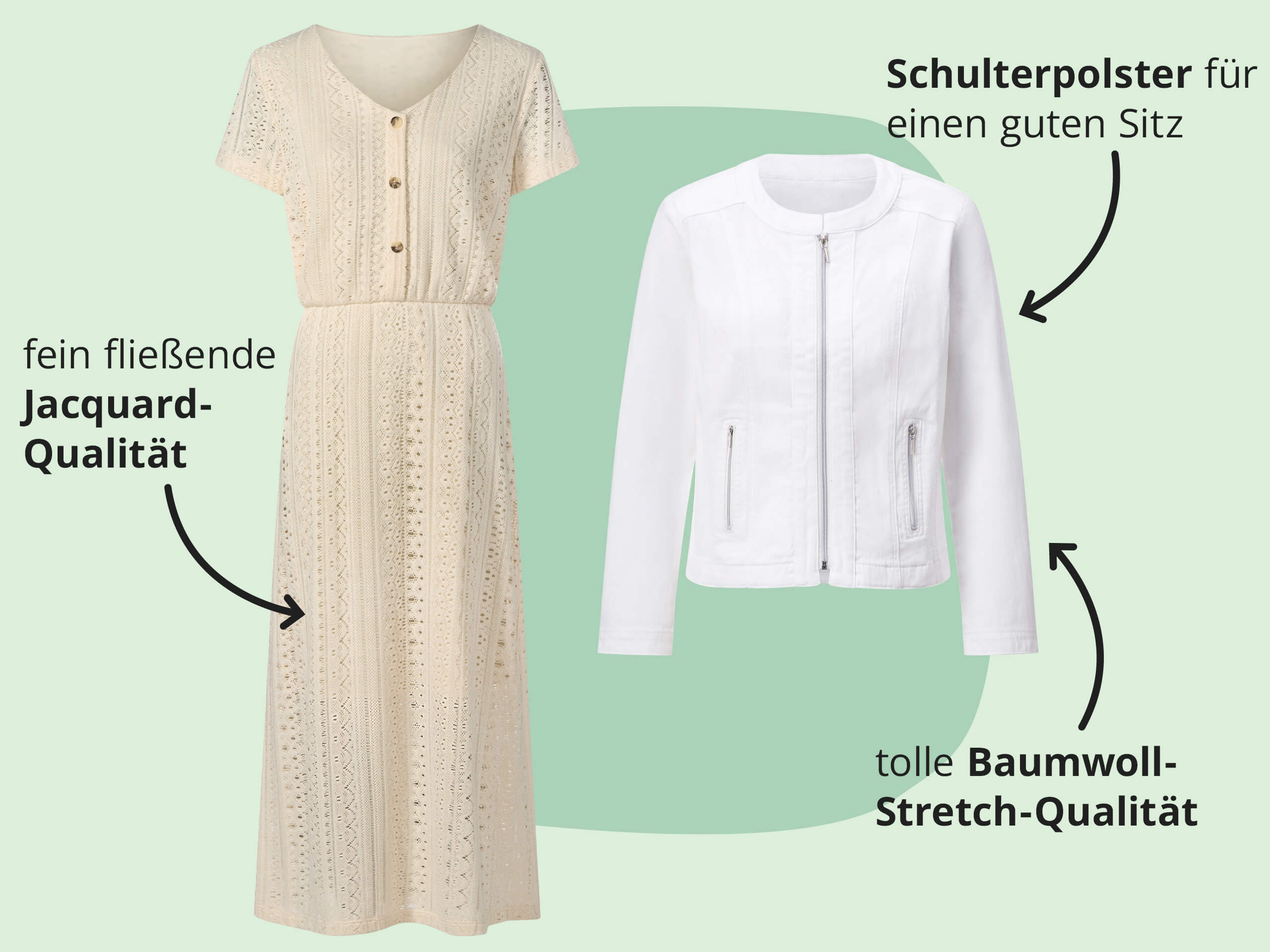 Ein Bild mit den Texten 'fein fließende Jacquard-Qualität Schulterpolster für einen guten Sitz tolle Baumwoll-Stretch-Qualität'. Der Hintergrund zeigt ein beiges Jerseykleid und einen weißen Jeansblazer, daneben stehen die jeweiligen Design- und Materialhinweise, alles in modernem, freundlichem Stil.