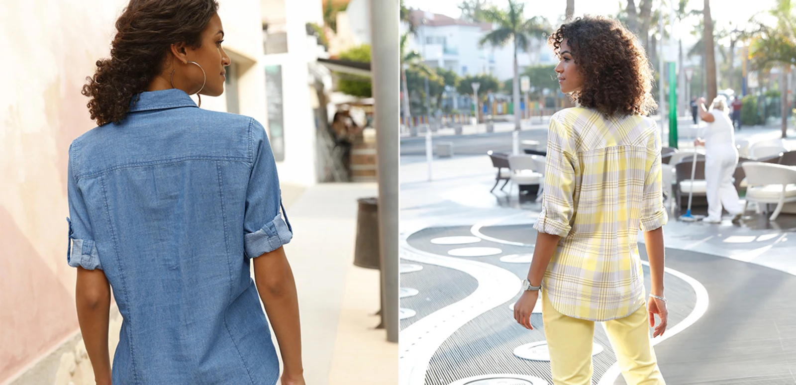 Rückansicht von zwei Frauen, die lässige Hemden tragen: links ein blaues Jeanshemd, rechts ein gelbes kariertes Hemd, kombiniert mit gelber Hose, jeweils in sommerlicher Umgebung.