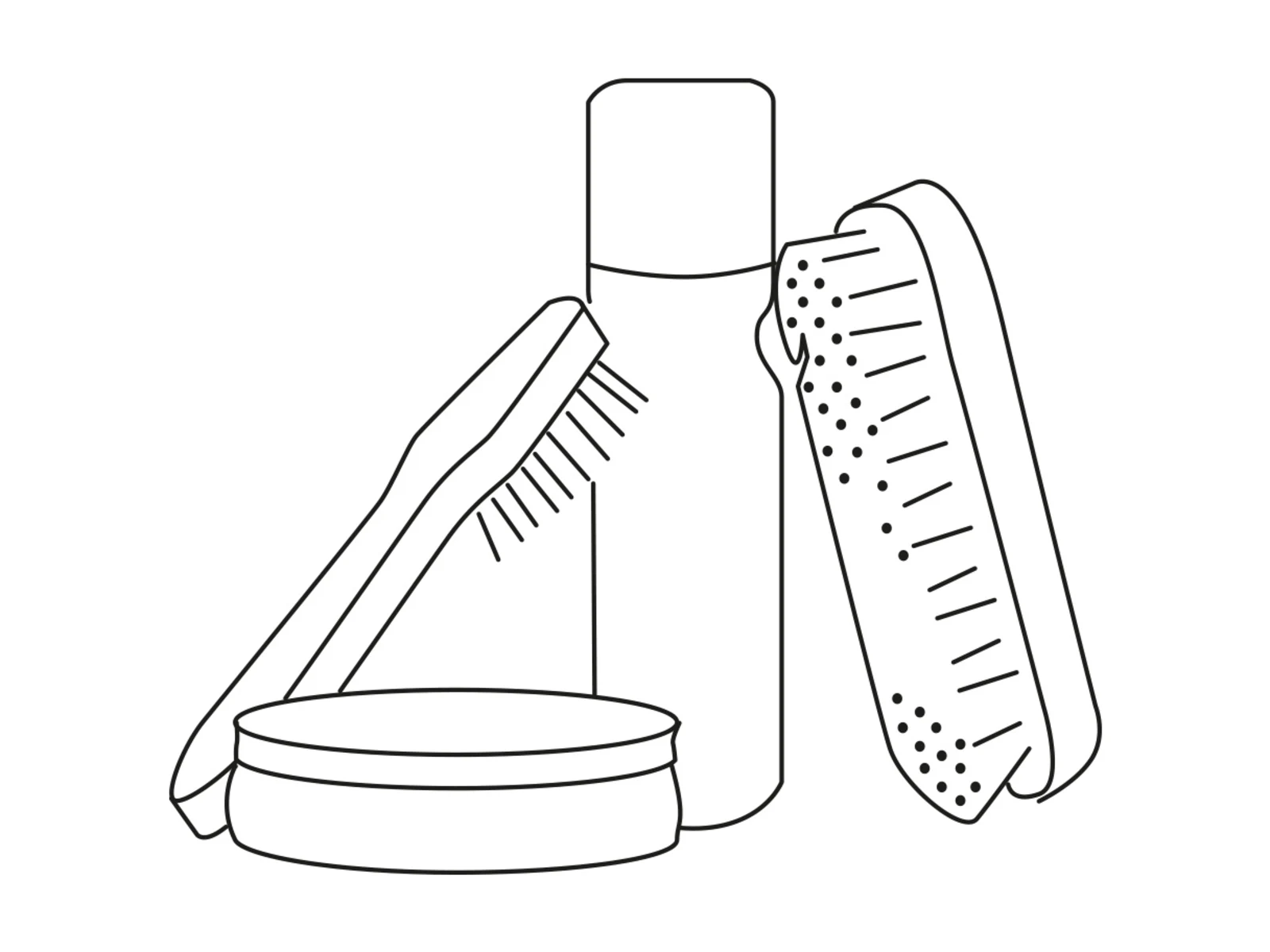 Schuhpflege-Set bestehend aus Bürsten, Schuhcreme und Spray, minimalistisch illustriert.