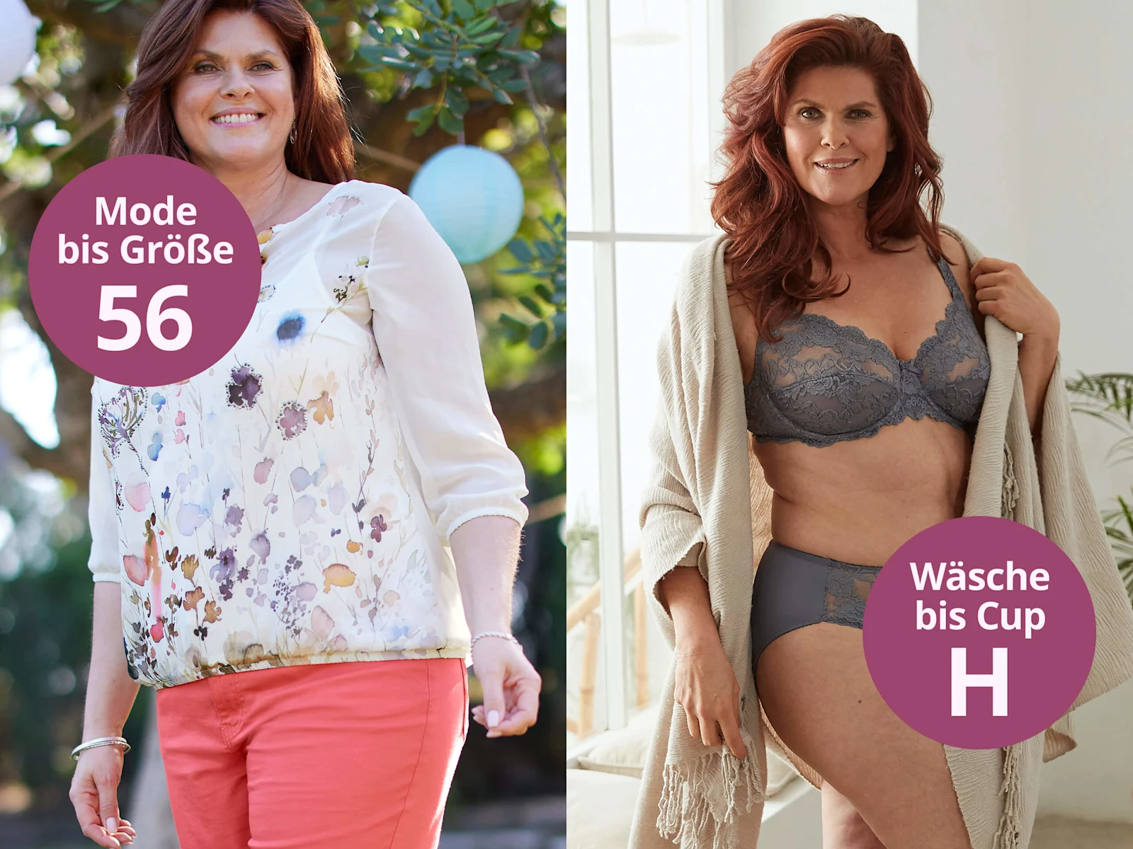 Ein zweigeteiltes Bild – links natürlich grün, rechts hell und neutral. Mit dem Text 'Mode bis Größe 56 Wäsche bis Cup H'. Der Hintergrund zeigt links eine Frau in sommerlicher Kleidung im Freien mit Lampions, rechts dieselbe Frau in grauer Spitzenunterwäsche mit einem beigen Kimono.