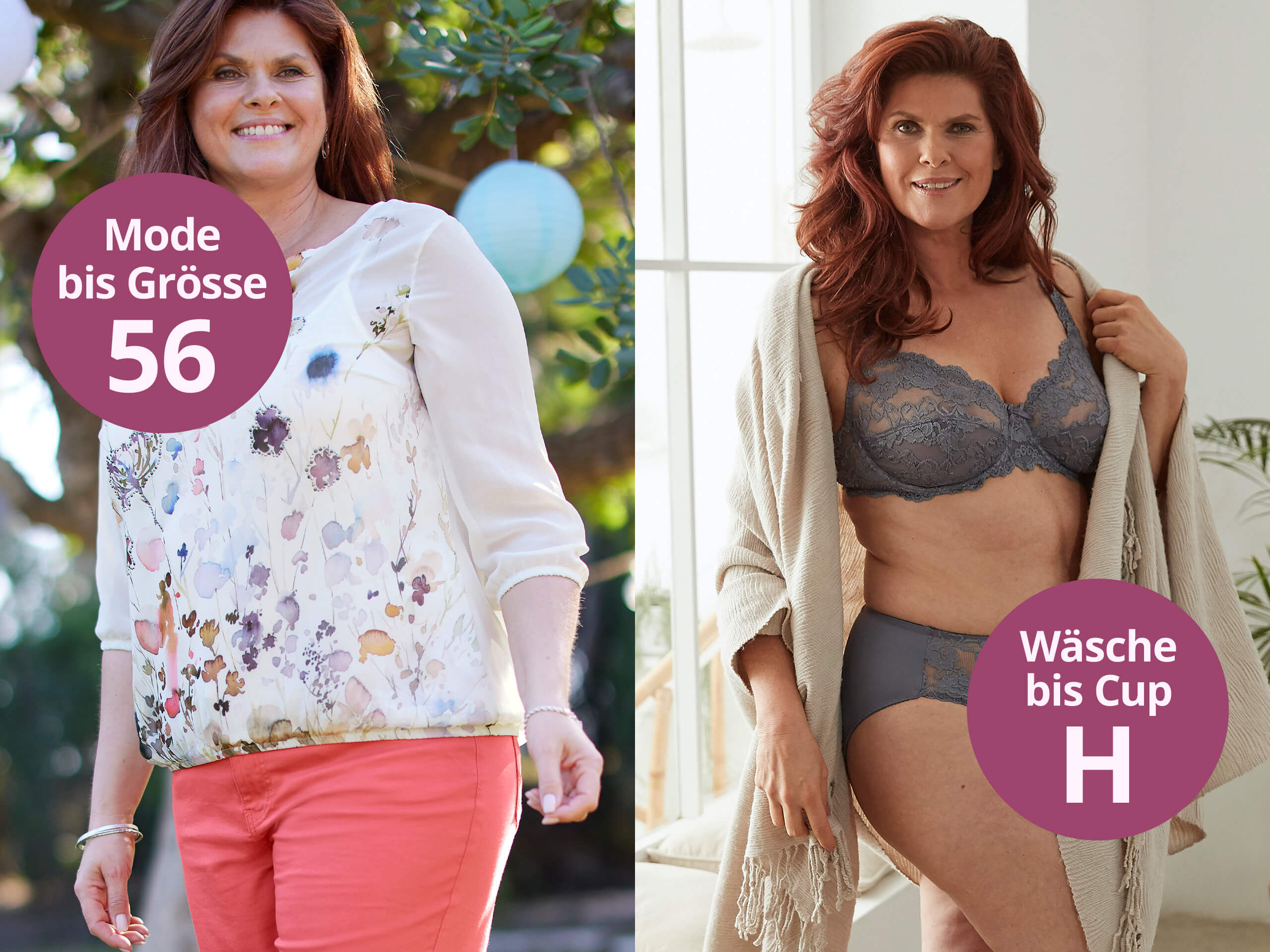Ein zweigeteiltes Bild – links natürlich grün, rechts hell und neutral. Mit dem Text 'Mode bis Grösse 56 Wäsche bis Cup H'. Der Hintergrund zeigt links eine Frau in sommerlicher Kleidung im Freien mit Lampions, rechts dieselbe Frau in grauer Spitzenunterwäsche mit einem beigen Kimono.