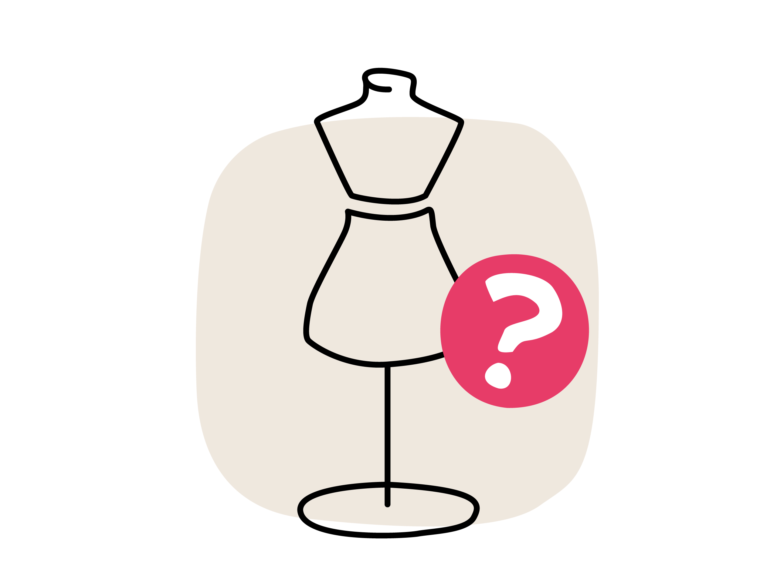 Eine Illustration, die eine Schneiderpuppe auf einem hellen Hintergrund zeigt. Neben der Puppe befindet sich ein roter Kreis mit einem Fragezeichen in Weiß.