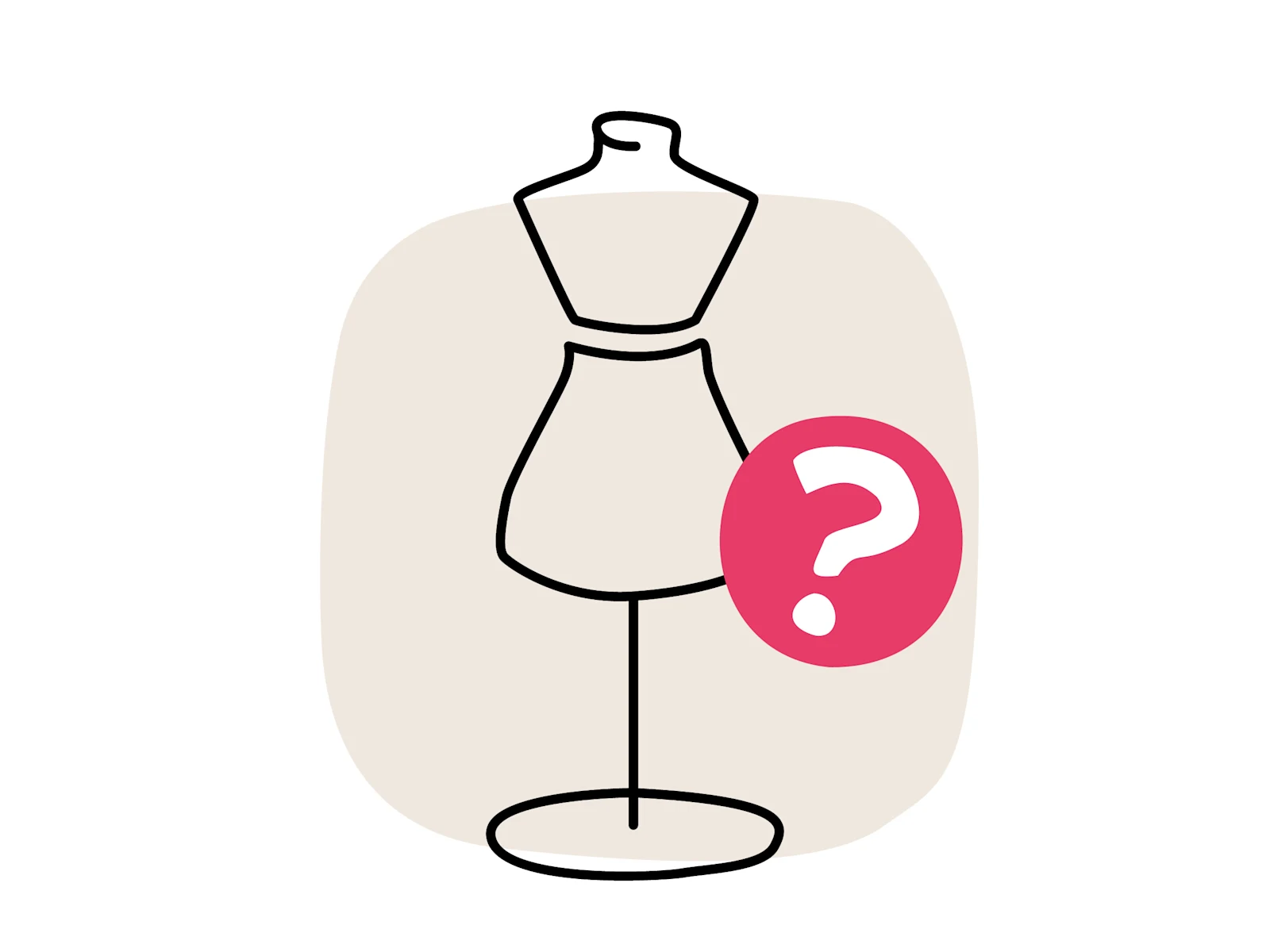 Eine Illustration, die eine Schneiderpuppe auf einem hellen Hintergrund zeigt. Neben der Puppe befindet sich ein roter Kreis mit einem Fragezeichen in Weiß.