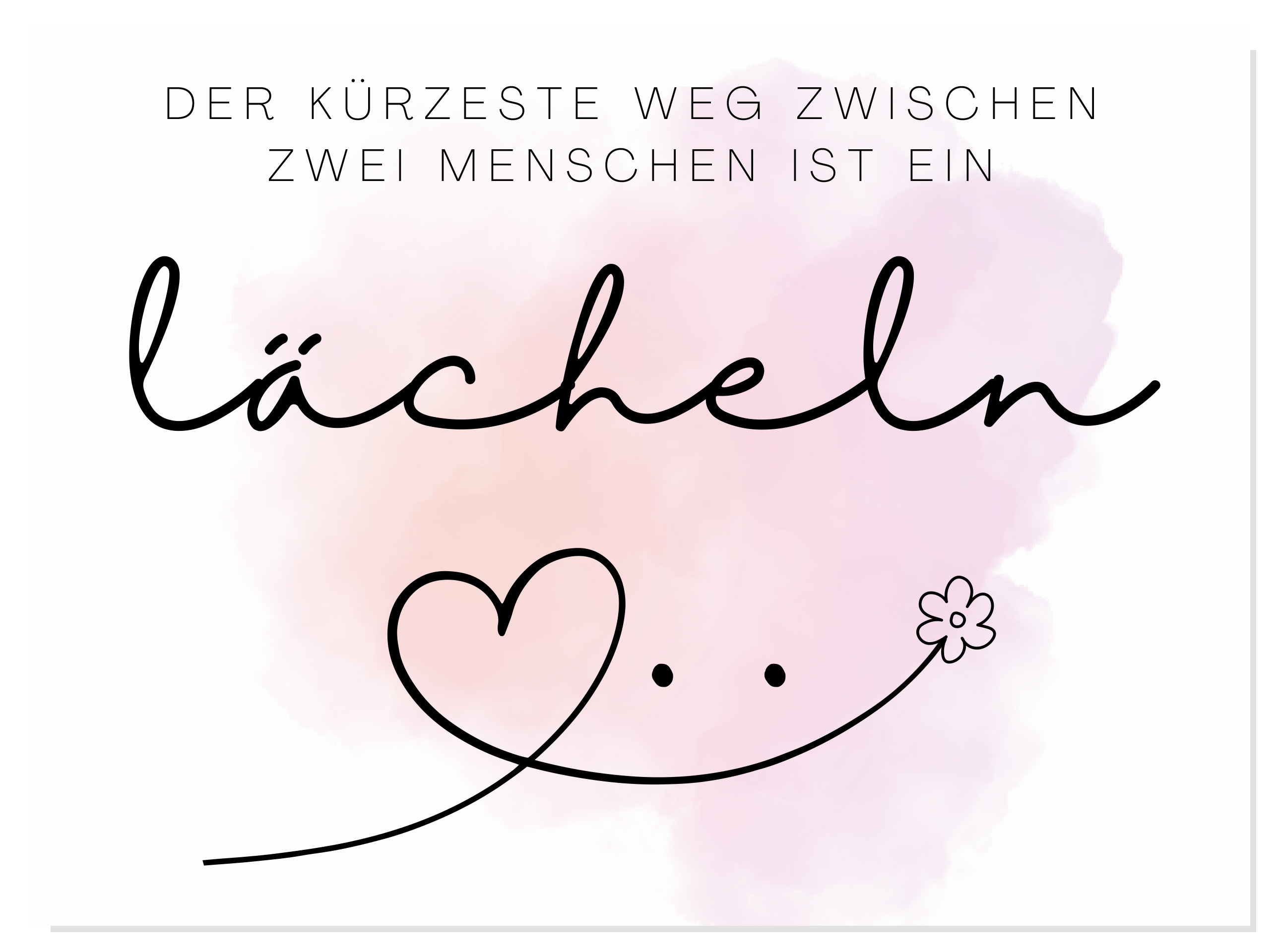 Illustration mit dem Spruch 'Der kürzeste Weg zwischen zwei Menschen ist ein Lächeln', verziert mit einem Herz, einer Blume und einem rosa Aquarell Hintergrund.