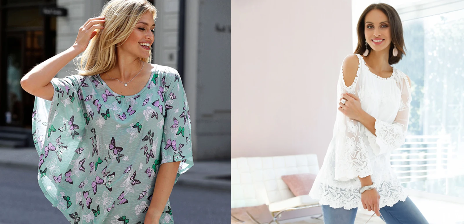 Links: Damen-Bluse in Mintgrün mit buntem Schmetterlingsmuster, rechts: weiße Spitzenbluse mit Cut-Out-Schultern und floralen Details, kombiniert mit Jeans.