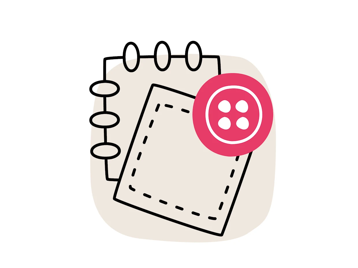 Eine Illustration, die verschiedene Stoffarten darstellt. Auf der linken Seite ist ein Stück Stoff mit einer gestrichelten Linie, das Baumwolle symbolisiert. Auf der rechten Seite befindet sich ein roter Knopf, der häufig bei Kleidungsstücken aus Leder verwendet wird. Die Darstellung zeigt die Unterschiede zwischen den Materialien.