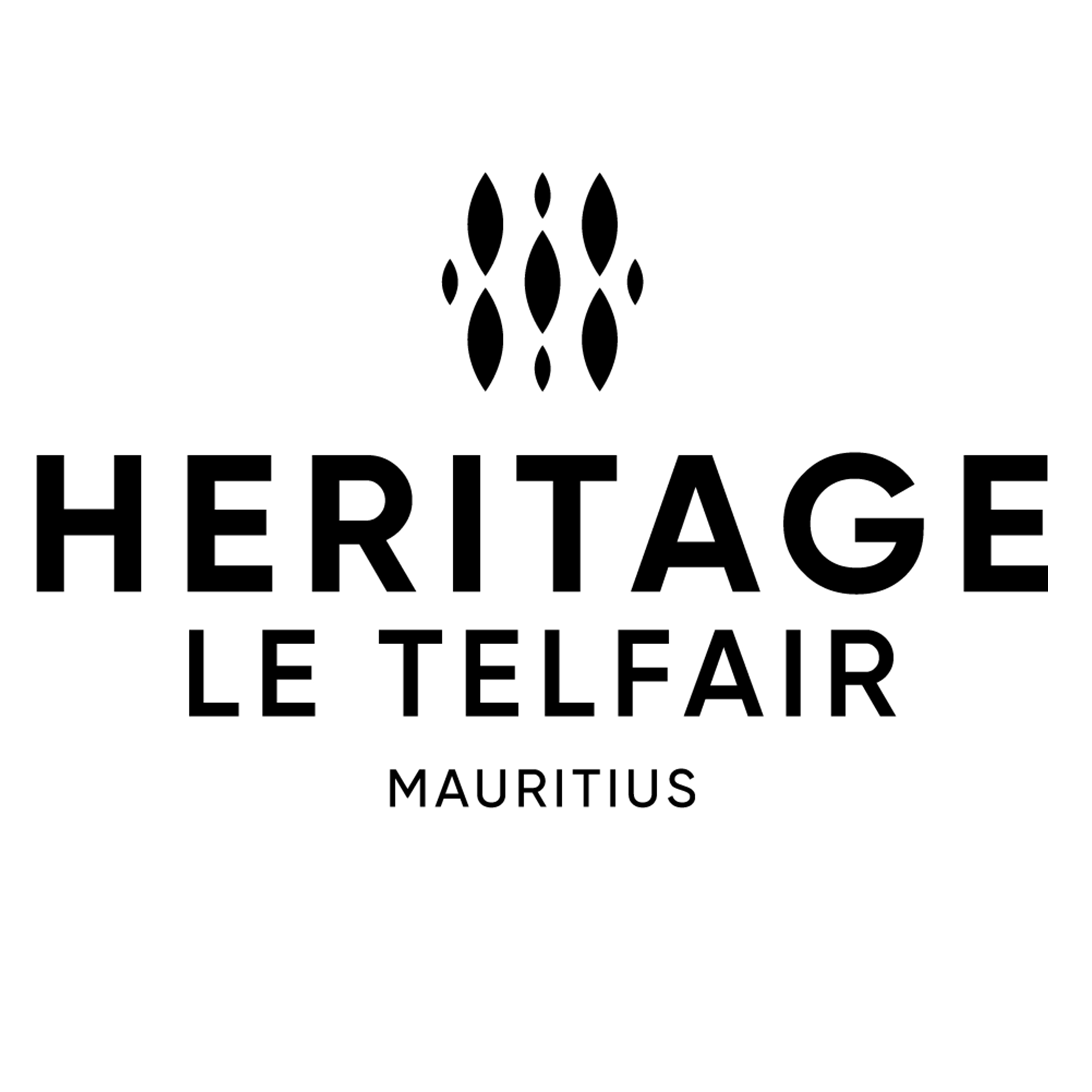 Schwarzes Logo mit geometrischen Symbolen und Text: 'HERITAGE LE TELFAIR MAURITIUS'.